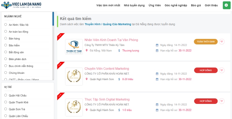 danh sách việc làm Marketing Đà Nẵng